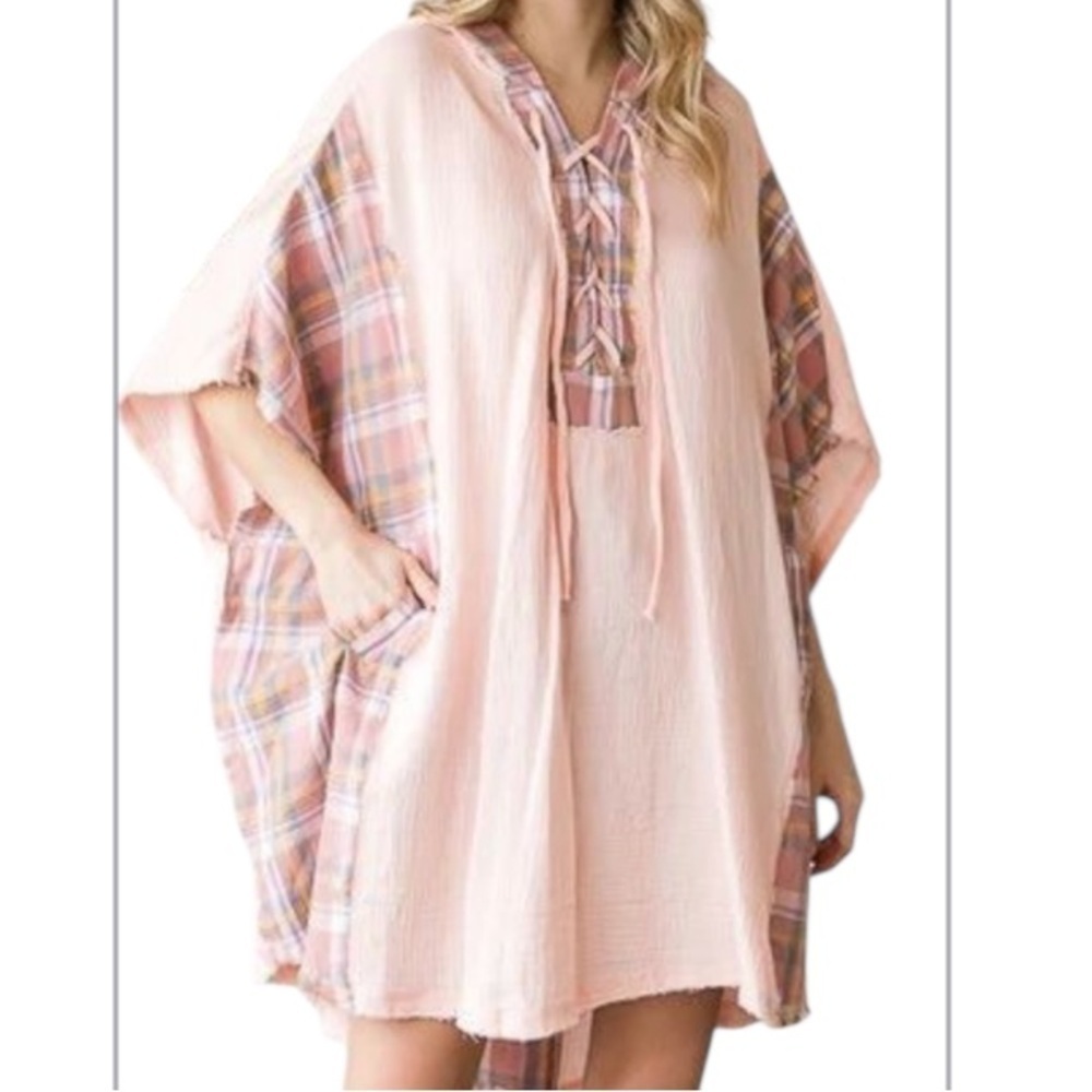 Oli & Hali Oversized Hooded Tunic with plaid Patchwork NWT